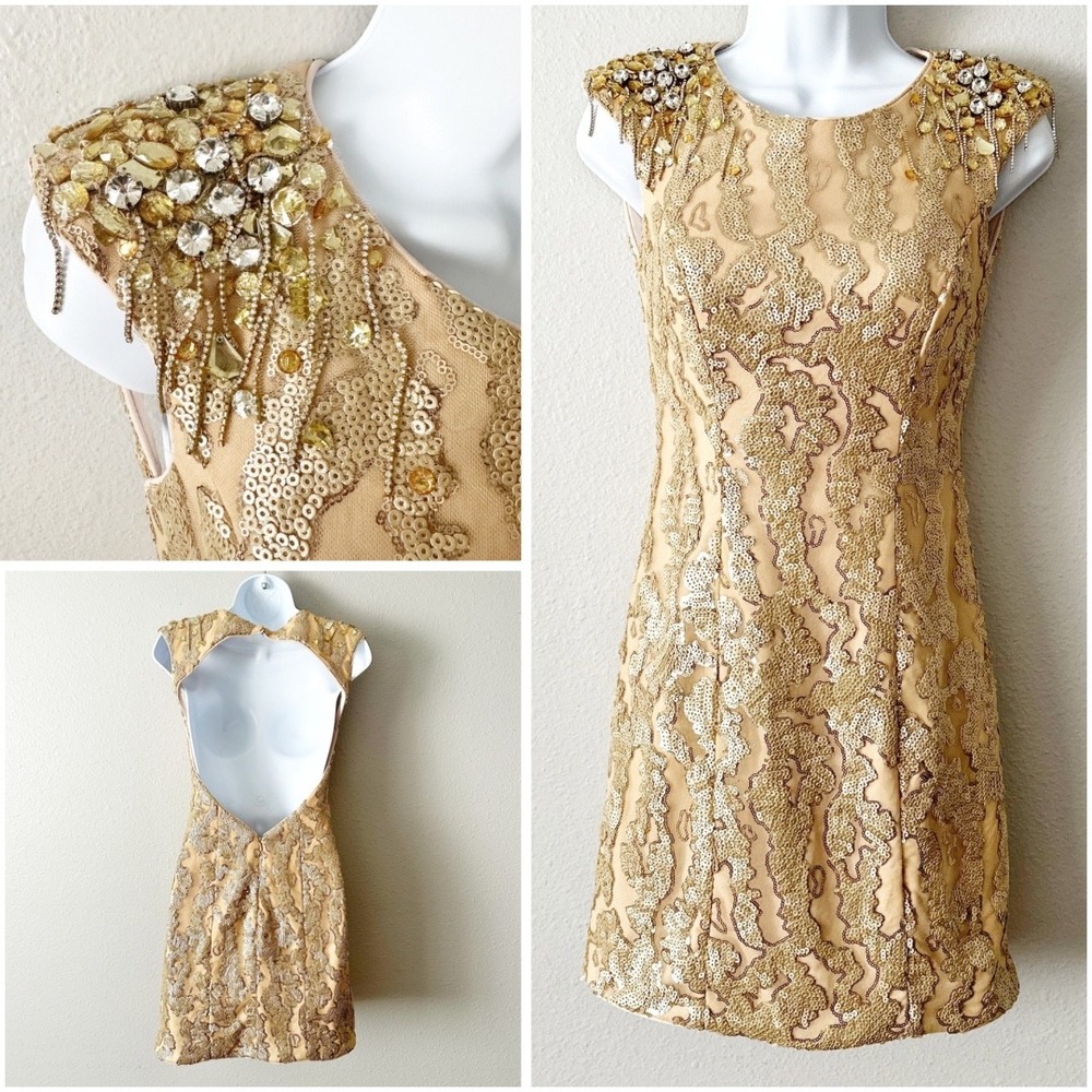 Camille La Vie Gold Sequin Beaded Embellished Open Back Party Mini Dress Size 2